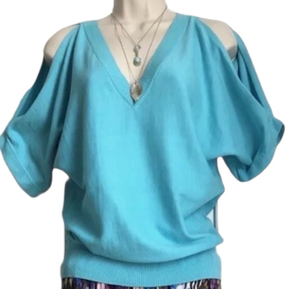 Michael Kors Sweater Size S Blue cold shoulder Light Knit 100% cotton VNeck NWOT